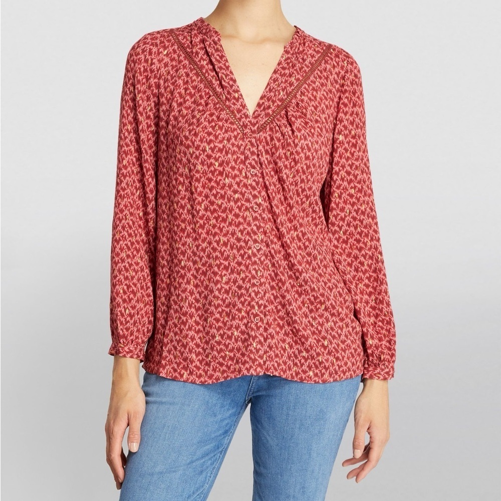 PAIGE Doris V-Neck Red Papaya Multi Gold Long Sleeve Button Down Blouse NWT Sz L